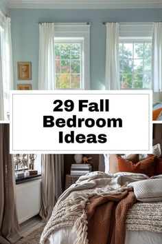 a bedroom with blue walls and white curtains