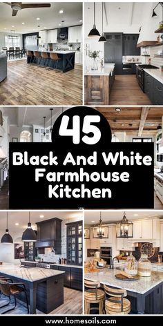 black and white farm house kitchen with lots of counter space, cabinets and chairs in it