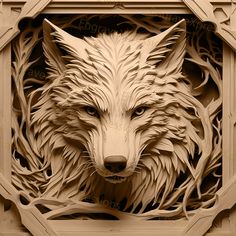 an intricately carved wood carving of a wolf's head in a wooden frame