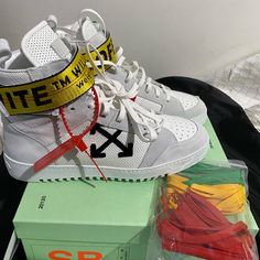 Brand New Off White Kicks High Top Sneaker Grained Leather In White Detachable And Adjustable Logo White Kicks, Off White Shoes, High Top Sneaker, Mens Shoes Sneakers, White Sneaker, High Top, Yellow White, High Top Sneakers, High Tops