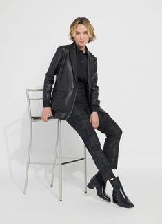 Made from Lightweight Vegan Leather that’s soft and sleek, the Eira Vegan Leather Blazer features flap pockets, a tailored lapel collar, back vent and yoke, waist seam, wrist slits for easy rolling, and a legging-friendly length. Unlined and machine washable, this versatile and chic blazer offers 4-way stretch for superior comfort. Style this faux leather blazer with a collared button down, our Premium Denim Relaxed Straight jean and black booties. Machine wash and hang dry. Vegan Leather- 100% Foil Denim, Beach Wedding Black, Denim Baby, Chic Blazer, Wedding Dress With Veil, Long Sleeve Dress Formal, Knit Denim, Black Tie Wedding, Baby Boots