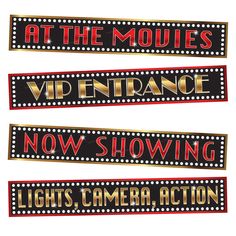 three signs that say at the movies and now showing lights, camera action