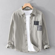 Spring Autumn Solid Long Sleeve Shirt Men Clothing Turn-down Collar Loose Casual Cardigan Man Simple Printed Pocket Tops [23y 9m 5d] Casual Collar Tops With Patchwork, Casual Button-up Patchwork Shirt, Casual Patchwork Button-up Shirt, Casual Solid Color Patchwork Tops, Solid Color Casual Patchwork Tops, Casual Patchwork Shirt For Winter, Gray Long Sleeve Shirt For Spring, Casual Winter Patchwork Shirt, Winter Long Sleeve Patchwork Shirt