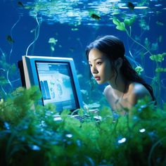 Woman sitting in front of a computer in an aquarium filled with plants. Cook Art, Frutiger Aero, Multimedia Artist, Futurism, Cute Photos, Instagram Photos, Water, Instagram