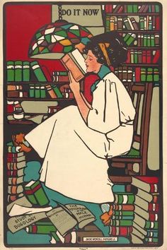 a painting of a woman sitting in front of a book shelf with books on it