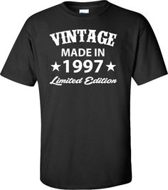 "Vintage Made In 1997 (Customize Any Year) Limited Edition Birthday TShirt - Perfect Birthday Shirt for Anyone!  Customize this shirt with any year on it! Love this design? Check out my other Birthday designs: https://www.etsy.com/ca/shop/GoldenStarTees?ref=hdr_shop_menu&section_id=18971043 All t-shirts are printed on 100% High Quality (Preshrunk) Cotton Branded T-shirts such as Fruit Of The Loom and Gildan Every t-shirt is custom made to order and is printed with care using the latest ink to garment technology. It is not a cheap heat transfer or screen print.  Designs are offered in 15 DIFFERENT T-SHIRT COLORS: See Picture 2 \"COLOR CHART\" All t-shirts fit true size. Sizes Available: Men (Unisex) - S, M, L, XL, 2XL, 3XL, 4XL, 5XL Ladies - S, M, L, XL, 2XL, 3XL The measurements for all of Baby Fathers Day Gift, 30th Birthday Presents, 21st Birthday Presents, 21st Birthday Shirts, Father Son Matching Shirts, 50th Bday, Birthday Presents For Her, Boat Shirts, 30th Birthday Gifts