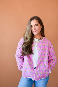 Tonya Floral Quilted Jacket Skort Outfit, Green Floral Design, Nickel And Suede, Cozy Jacket, Yellow And Green, Quilted Jacket, Fall Trends, Cute Pink, Pink Yellow