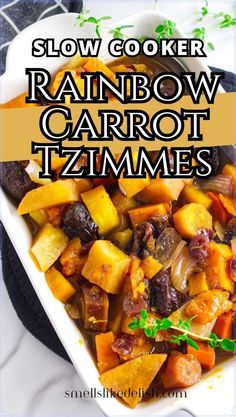 slow cooker rainbow carrot tzemmes in a white dish with text overlay