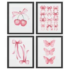 four watercolor paintings with pink bows and cherries on them, each one has a butterfly