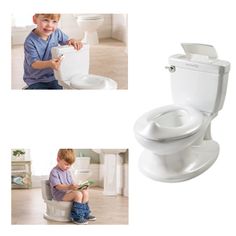 a child sitting on a toilet with the lid up