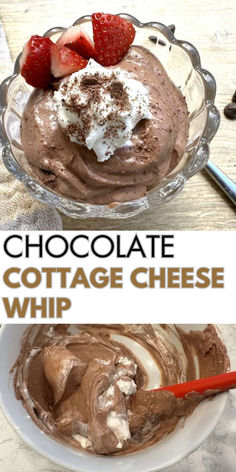 Cottage cheese chocolate whip in a dessert cup with sugar-free whip cream and an image of chocolate being folded into cottage cheese Blended Cottage Cheese Cheesecake, Cottage Cheese Chocolate Mousse Recipe, Whipped Cottage Cheese Mouse, Bariatric Recipes Desserts, Keto High Protein Desserts, High Protein Keto Dessert, Sugar Free Cottage Cheese Desserts, Cottage Cheese Cookie Dough No Flour, Cottage Cheese Cheesecake Healthy