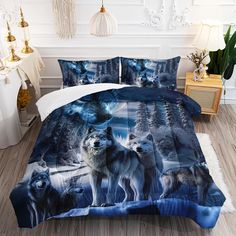 three wolfs in the night with full moon and stars printed on bedding set