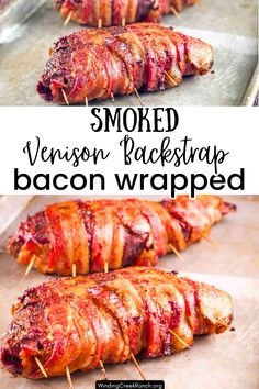 bacon wrapped venison on a baking sheet with text overlay