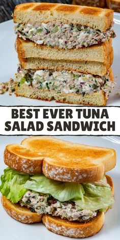 two sandwiches stacked on top of each other with the words best ever tuna salad sandwich