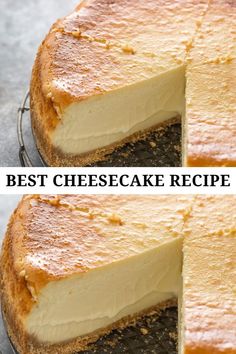 the best cheesecake recipe ever is in this round cake pan with two slices taken out