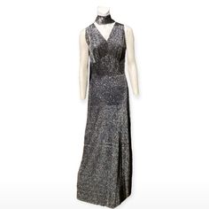 Vintage Silver Metallic Thread Black V-Neck Evening Gown W/Tie Custom Made, No Tags So Go By Measurements 17" P2p 14" Empire/Natural Waist 18.5" Hip 56" Length, Top To Bottom Hem Could Be Let Down 2” If Needed Empire Waist Bust Darts/Room Bodice A-Line Skirt Tie Can Be Worn Around Waist, Front Or Back, Or Around Neck Like A Scarf. Very Sophisticated Some People Find Metallic Thread A Little Rough On The Skin So I Suggest Wearing A Slip With This The Lady This Dress Was Made For Was Small Slender Curvy So Had Many Of Her Clothes Custom Made To Accentuate The Female Form I Have Accessories (Jewelry, Slips, Purses, Etc.) If You Need Anything To Go With This Dress Party New Year's Eve Darts Room, Let Down, Tie Colors, The Lady, Metallic Thread, Dress Party, Accessories Jewelry, A Line Skirt, Empire Waist