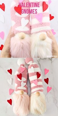 valentine gnomes made out of knitted mittens and gloves with hearts on them