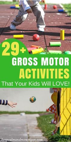 two children playing with toys on the ground and text overlay reads 29 gross motor activities that your kids will love