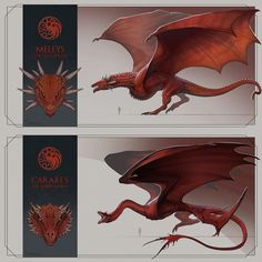 two different views of a red dragon with its wings spread out, and the other side is