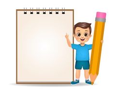 a young boy holding a giant pencil next to a large sheet of paper with an empty space for writing