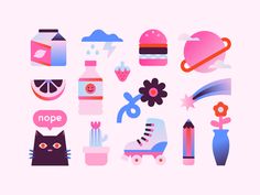 an assortment of colorful objects on a pink background with the words nope written below them