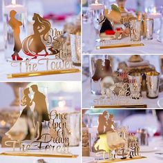 wedding cake toppers with the silhouettes of bride and groom on display at a reception