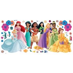 the disney princesses are lined up in front of some flowers and butterflies on a white background