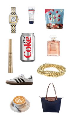 the contents of a purse, watch, and other items are arranged on a white background