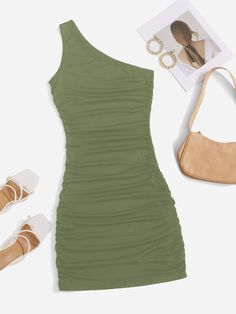 Olive Green Sexy Collar Sleeveless Fabric Plain Bodycon Embellished High Stretch Summer Women Dresses Olive Green Summer Dress, Tight Casual Dresses, Shein Bodycon Dress, Cute Dress Outfits, Casual Preppy Outfits, Trendy Outfits For Teens, Cute Preppy Outfits, Mini Robes, Ruched Bodycon Dress