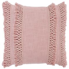 a pink pillow with fringe trims on the front and back of it's sides