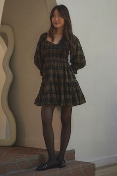 No One Cuter Black and Tan Plaid Puff Sleeve Tiered Mini Dress