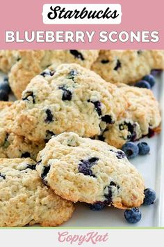 blueberry scones on a white plate with text overlay that reads, starbuck's blueberry scones