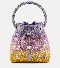 Bon Bon embellished satin bucket bag in multicoloured - Jimmy Choo | Mytheresa Statement Handbag, Beads Work, Spring Bags, Crystal Bags, Jimmy Choo Bag, Satin Bags, Drawstring Top, Overnight Bags, Satin Pumps