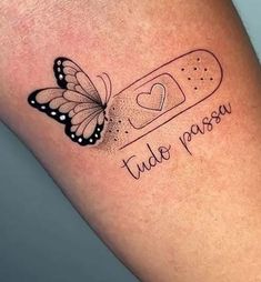 a tattoo with a butterfly on it and the words take paasy written in cursive writing