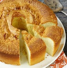 a bundt cake is cut into slices on a plate