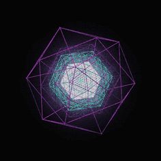 an abstract purple and green object on a black background with dots in the shape of a hexagonal cube