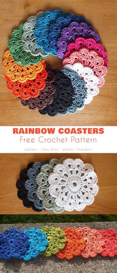 the rainbow coasters are made with crochet and have been placed on top of each other