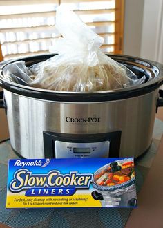 the slow cooker is ready to be used for soup or stews and has a plastic bag in it