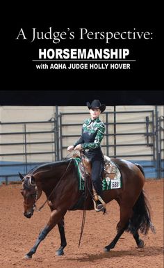 a woman riding on the back of a brown horse in an arena with words above it