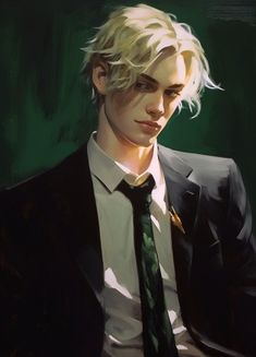 a painting of a man in a suit and tie with blonde hair wearing a white shirt and green tie