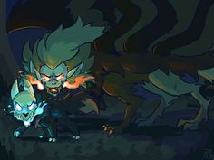 an animated image of a demon and a wolf in the dark with fire coming out of their eyes