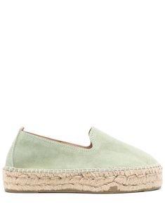 sage green calf suede round toe debossed logo to the rear branded insole braided raffia sole rubber outsole slip-on style Slip-on Suede Espadrilles With Woven Sole, Suede Slip-on Espadrilles With Woven Sole, Suede Espadrilles With Woven Sole And Slip-on Fit, Slip-on Suede Espadrilles With Stitched Sole, Suede Slip-on Espadrilles With Stitched Sole, Suede Slip-ons With Woven Sole For Spring, Suede Slip-on Espadrilles With Textured Sole, Green Slip-on Casual Espadrilles, Summer Suede Loafers With Woven Sole