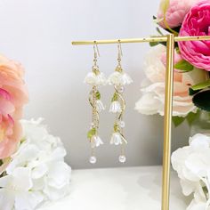 E189 lily of the valley white flower dangle earrings Fairy Earrings, Flower Dangle Earrings, Earrings Design, Jewelry Care Instructions, The Fairy, Gift Message, Gift Wrapping Services, Lily Flower, Floral Earrings