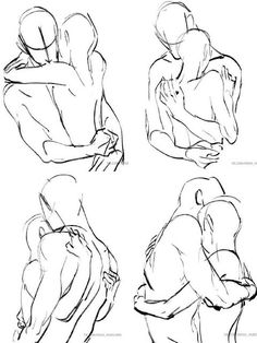 four different poses of the same person hugging each other