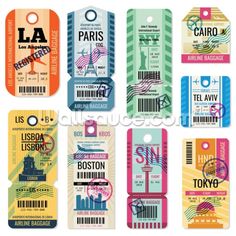 the different types of luggage tags in various colors and sizes, including one with an eiffel tower