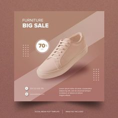 a poster with a pair of white shoes on it and the words furniture big sale