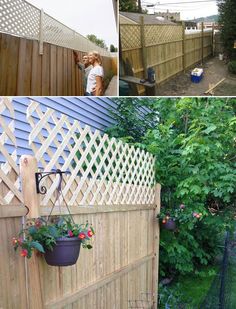 several pictures of different types of fences in the same area, including one with flowers on it