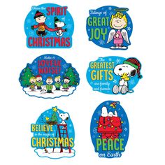 four christmas stickers with snoopy characters on them