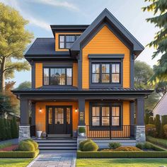 a yellow house with black trim and two story windows on the second floor is shown