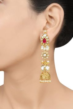 Gold plated silver tear-drop, floral cutwork jhumki earrings with stone embellishments. - Aza Fashions Heavy Chandbalis For Reception, Elegant Teardrop Jhumkas, Dangle Hand Set Jhumkas, Reception Chandbalis With Tilla Detail, Intricate Design Jhumkas For Reception, Festive Chandelier Earrings For Reception, Hand Set Traditional Jhumkas, Intricate Design Chandelier Earrings For Reception, Teardrop Bridal Earrings For Festivals